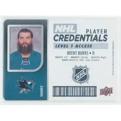 2017-18 UPPER DECK MVP - BRENT BURNS #NHL-BB NHL PLAYER CREDENTIALS LEVEL 1 ACCESS