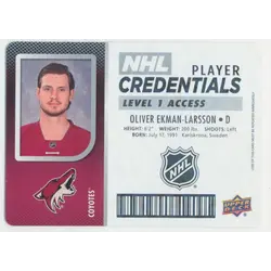 2017-18 UPPER DECK MVP - OLIVER EKMAN-LARSSON #NHL-OE NHL PLAYER CREDENTIALS LEVEL 1 ACCESS