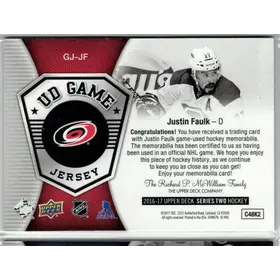 2016-17 UD Justin Faulk GU Jersey Carolina Hurricanes