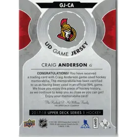 2017-18 UD Craig Anderson GU Jersey Ottawa Senators
