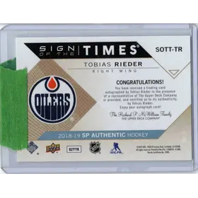 2018 -19 UD SP Authentic Sign of the Times Tobias Rieder Edmonton Oilers