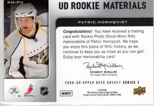 2007-08 UD Rookie Materials Patric Hornqvist EV Used Jersey Nashville Predators