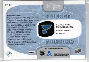 2015-16 UD Ice Frozen Fabrics Vladimir Tarasenko Navy GU Jersey St Louis Blues