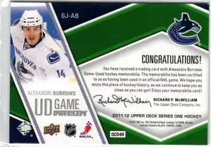 2011-12 UD Alexandre Burrows GU Jersey Vancouver Canucks