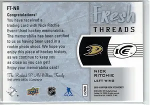2015-16 UD Ice Fresh Threads Nick Ritchie EV Jersey Anahiem Ducks