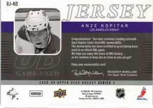 2008-09 UD Anze Kopitar GU Jersey Los Angeles Kings