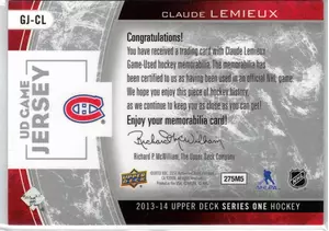 2013-14 UD Claude Lemieux GU Jersey Montreal Canadiens