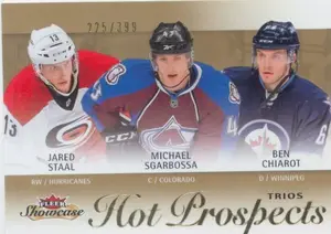2013-14 FLEER SHOWCASE - JARED STAAL/MICHAEL SGABOSSA/BEN CHIAROT #122 HOT PROSPECTS TRIOS 225/399