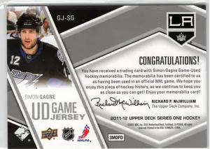 2011-12 UD Simon Gagne GU Jersey Washington Capitals
