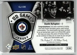2016-17 UD Dustin Byfuglien GU Jersey Winnipeg Jets