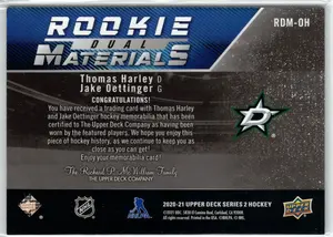 2020-21 UD Rookie Materials Duo Harley Oettinger EV Used Jersey Dallas Stars