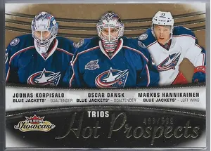 2015-16 Fleer Showcase (Hot Prospects Trios) #101 Joonas Korpisalo, Oscar Dansk & Markus Hannikainen RC (483/599)