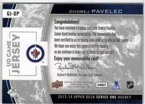 2013-14 UD Ondrej Pavelec GU Jersey Winnipeg Jets