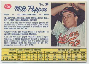 1962 Post Cereal - Milt Pappas #34