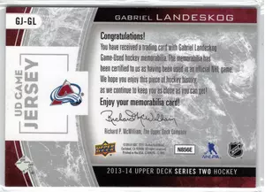 2013-14 UD Gabriel Landeskog GU Jersey Colorado Avalanche