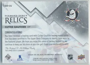2024-25 Upper Deck Black Diamond Cutter Gauthier Diamond Debut Relics #DD-CG