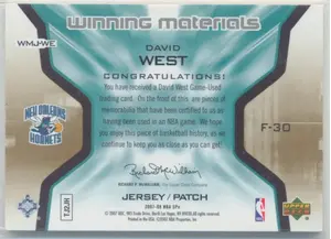 2007-08 Upper Deck SPx David West Winning Materials Jersey Patch #WMJ-WE 7/10