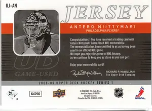 2008-09 UD Antero Nittymaki GU Jersey Philadelphia Flyers