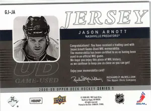 2008-09 UD Jason Arnott GU Jersey Nashville Predators