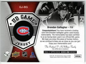 2016-17 UD Brendan Gallagher GU Jersey Montreal Canadiens