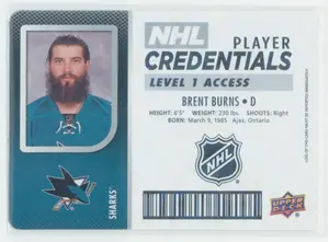 2017-18 UPPER DECK MVP - BRENT BURNS #NHL-BB NHL PLAYER CREDENTIALS LEVEL 1 ACCESS