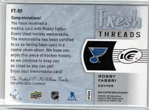 2015-16 UD Ice Fresh Threads Robbi Fabbri EV Jersey St Louis Blues