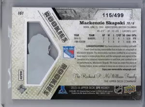 2015-16 UD SPX Rookie Auto Jersey 115/499 Mackenzie Skapski New York Rangers