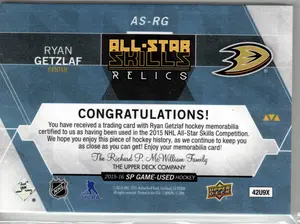 2015-16 UD SPGU Ryan Getzlaf All Stars Skills GU Patch 3 Color 13/25 Anaheim Ducks