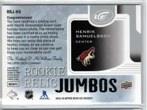 2015-16 UD Ice Rookie Jumbo Relic Hendrik Samuelsson #197/299 EV Jersey Arizona Coyotes