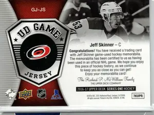 2016-17 UD Jeff Skinner GU Jersey Carolina Hurricanes