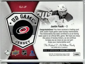 2016-17 UD Justin Faulk GU Jersey Carolina Hurricanes