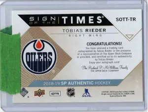 2018 -19 UD SP Authentic Sign of the Times Tobias Rieder Edmonton Oilers
