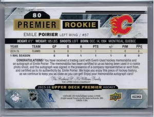 2015-16 UD Premier Rookie Auto Patch Emile Poirier 42/65 4 Clr Calagary Flames
