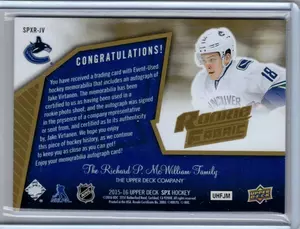 2015-16 UD SPX Rookie Fabrics Auto Jake Virtanen 124/299 Vancouver Canucks