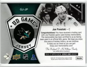 2016-17 UD Joe Pavelski GU Jersey San Jose Sharks