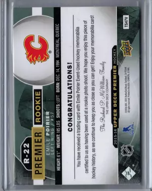 2015-16 UD Premier Rookie Emile Poirier 05/10 EV Patch 3 Clr Calgary Flames