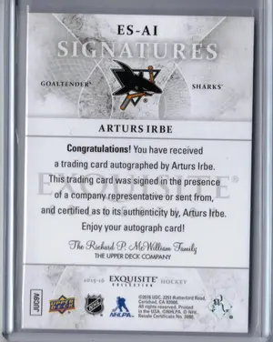 2015-16 UD Exquisite Signatures Arturs Irbe 048/125