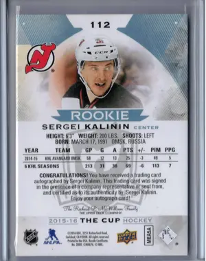 2015-16 UD The Cup RPA Sergei Kalinin 026/249 New Jersey Devils