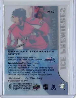 2015-16 UD Ice Premieres Rookie Auto Chandler Stephenson 398/499 Washington Capitals