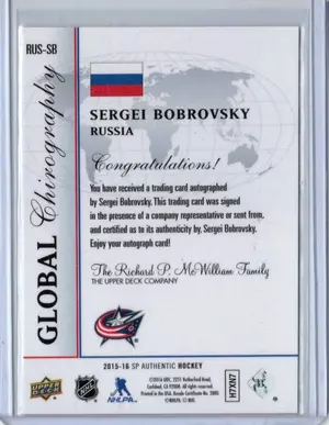 2015-16 UD SP Authentic Global Chirography Sergei Bobrovsky Columbus Blue Jackets
