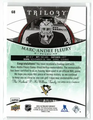 2015-16 Upper Deck Trilogy Stat Debut Seasons Jerseys Marc-Andre Fleury 055/103 Pittsburgh Penguins