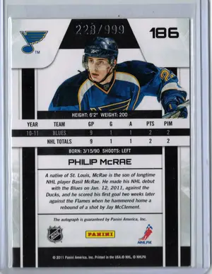 2011-12 Panini Zenith Auto Philip Mcrae 228/999 St Louis Blues