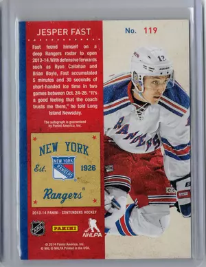 2013-14 Panini Contenders Rookie Auto Jesper Fast New York Rangers