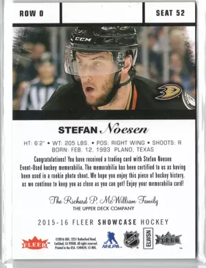 2015-16 UD Fleer Showcase Rookie Stefan Noeson EV Jersey Anahiem Ducks