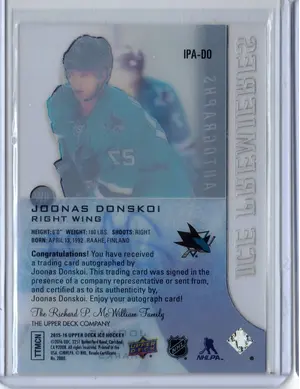 2015-16 UD Ice Premieres Rookie Auto Joonas Donskoi 137/499 San Jose Sharks