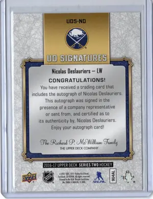 2016-17 UD Signatures Nicolas Deslauriers Buffalo Sabres