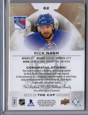 2015-16 UD The Cup Auto Gold  Rick Nash 05/12