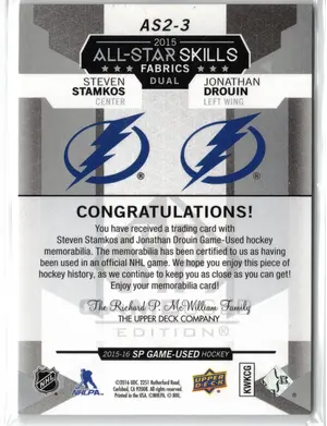 2015-16 UD SPGU All Star Fabric Dual Stamkos Drouin GU Jersey Tampa Bay Lightning