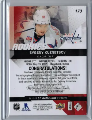 2014-15 UD SPGU Rookies Auto Evgeny Kuznetsov Washingon Capitals