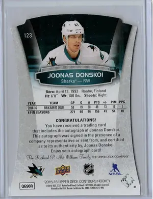 2015-16 UD Contours Rookies Auto Joonas Donskoi 260/499 San Jose Sharks